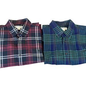 Pair of 2 Orvis Mens Cotton Plaid Short Sleeve Button Front Shirts Sz L #43T